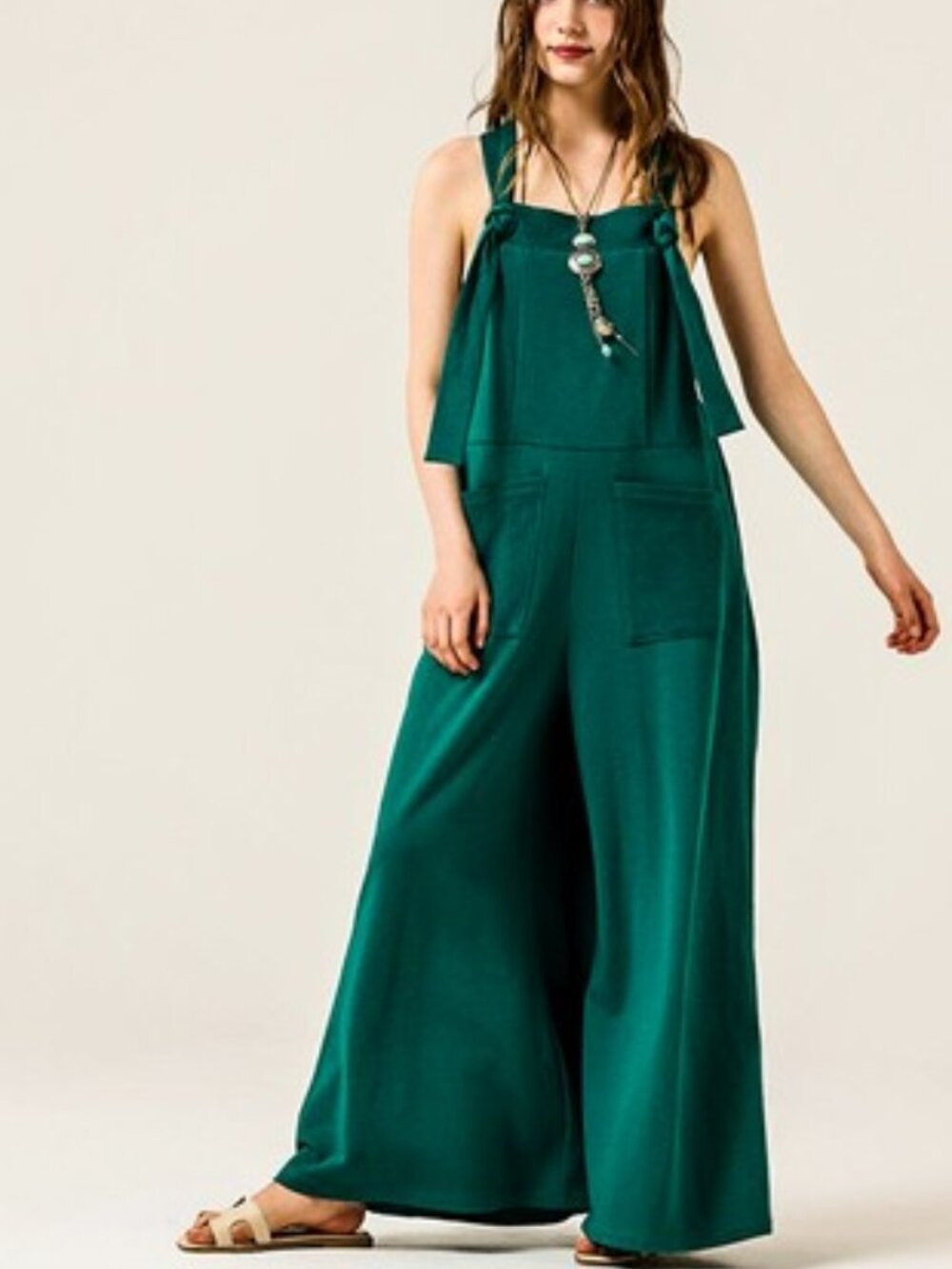B62 French Terry Adjustable Straps Overall Jumpsuit Wide Leg Boho NEW Green